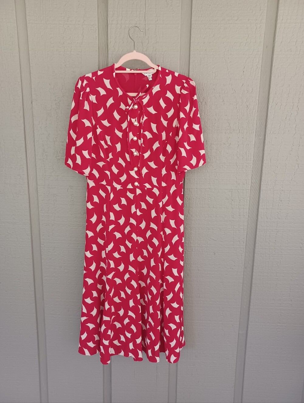 LK Bennett Montana Printed Silk Dress Size 8 Womens Red White Tie Neck Feminine